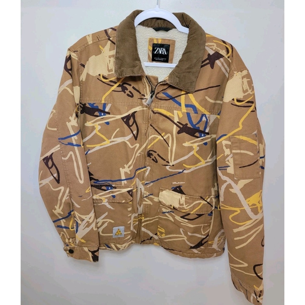 Zara Man Graffiti Splatter Canvas Work Jacket - Sherpa Lined -Brown/Multi Size L